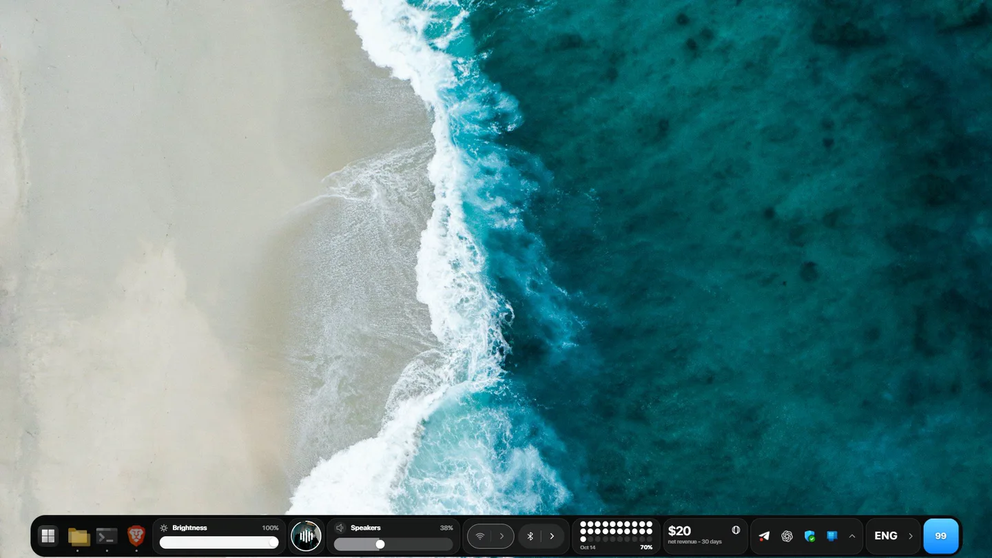 The same Windows 11 desktop with the lumabar dock along the bottom in place of the taskbar, showing apps and live widgets