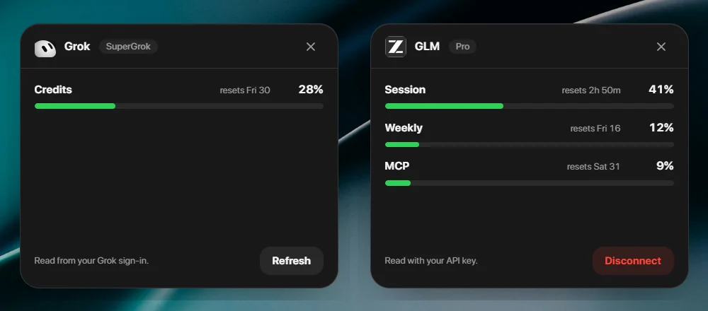 lumabar's Grok and GLM cards: SuperGrok credits at 28%, and GLM's session, weekly and MCP limits