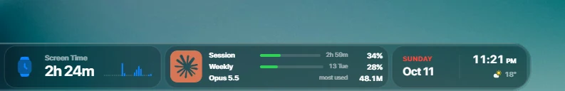 The Claude Plan Usage tile on the lumabar dock, between Screen Time and the date: session 34% with 2 h 59 min to reset, weekly 28% resetting Tuesday, Opus 5.5 most used