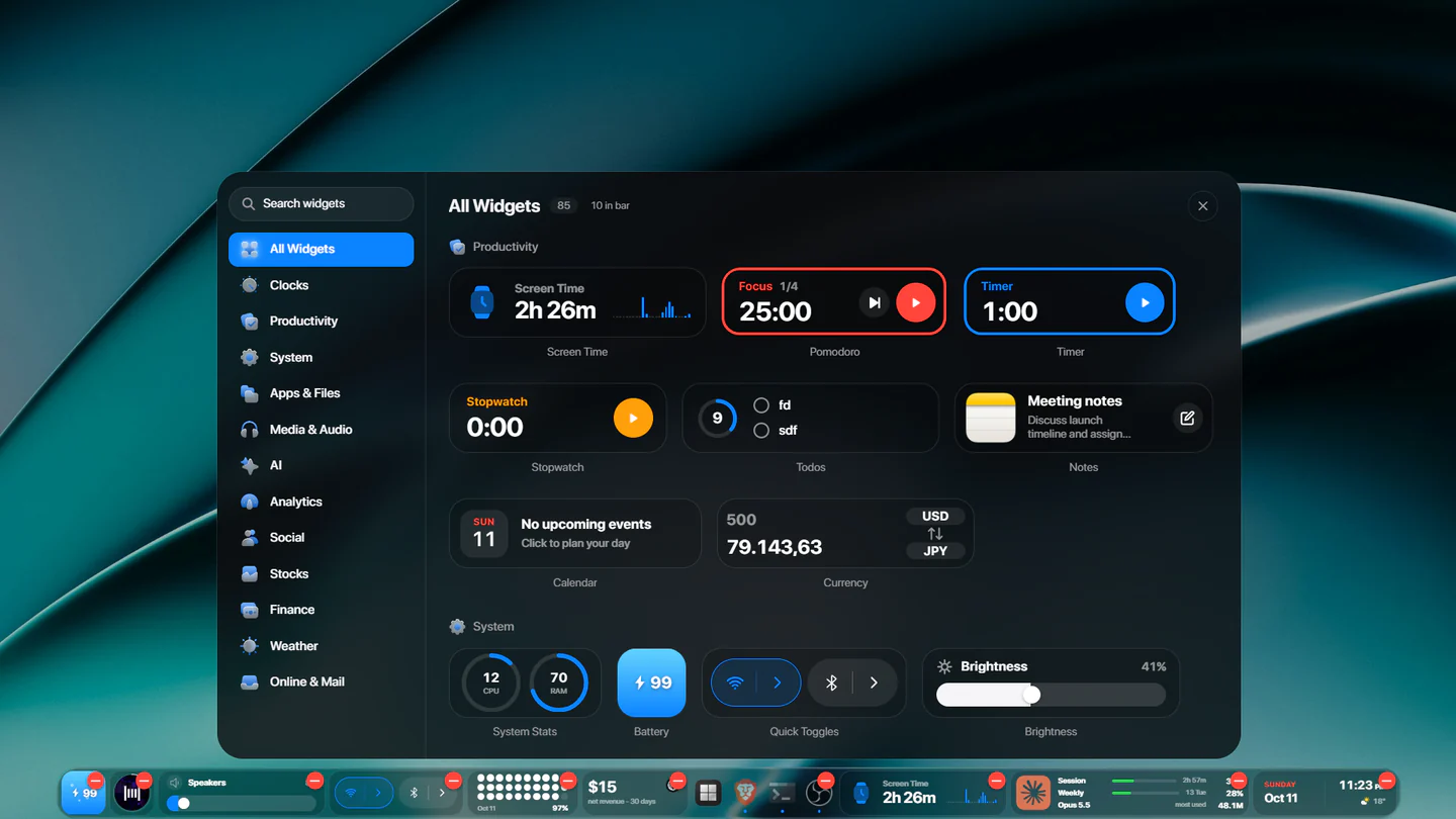 The lumabar widget picker open above the dock: All Widgets, the groups down the side, and the Productivity and System tiles